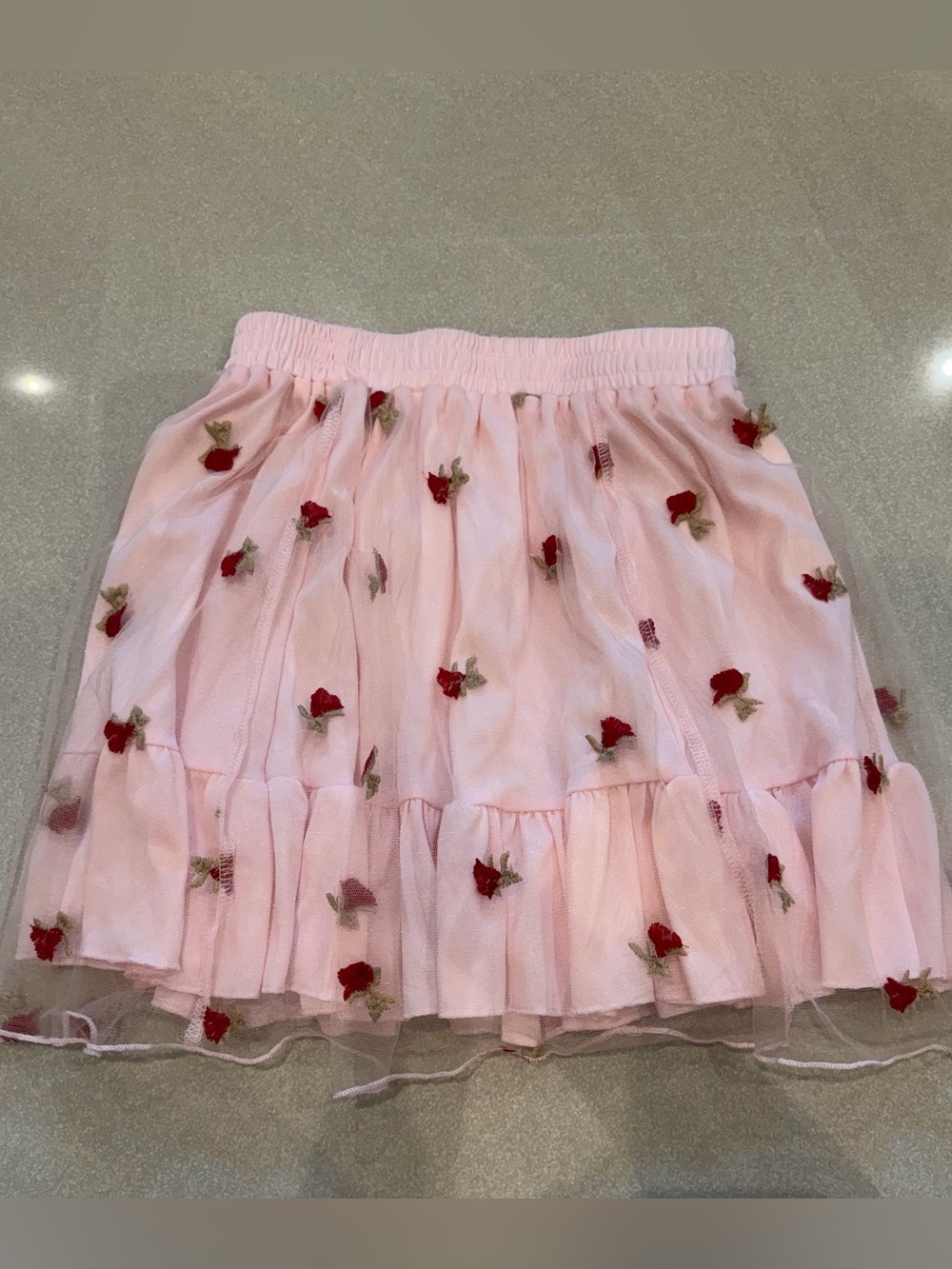 ROMWE Pink Tulle Embroidered Rose Ruffle Mini Skirt XS